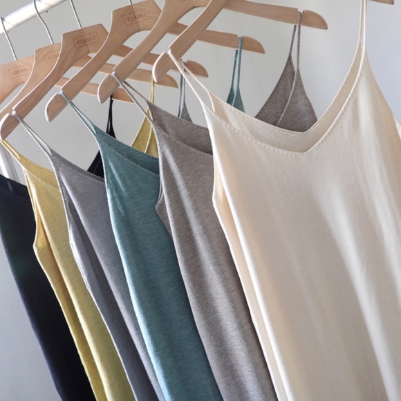 Cotton Dress tank basic women khaki blue cream black lime v-neck minimalist - Picture 7 of 15